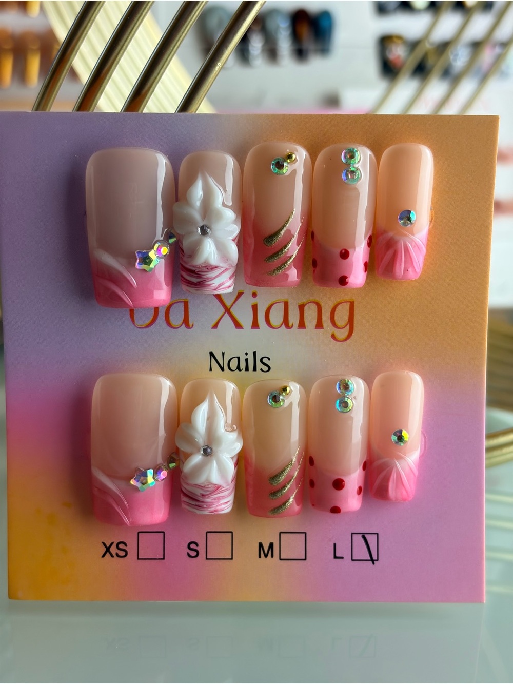 Pink 3D Floral Rhinestone Press-On Nails Large